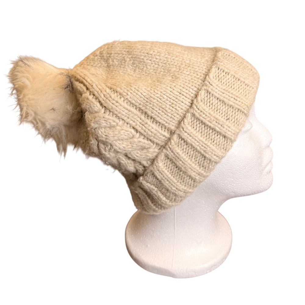 Hollister Beanie Hat Cream Cable Knit Faux Fur Pom Pom Winter Boho One Size